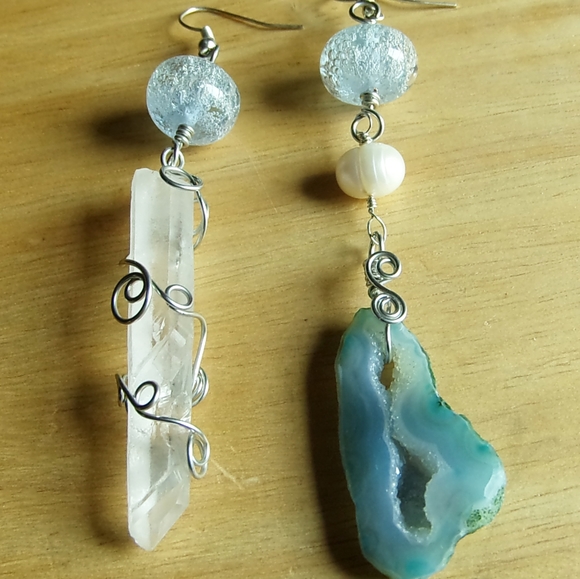 Hand Crafted Jewelry - Blue Druzy Crystal Quartz Asymmetrical Earrings